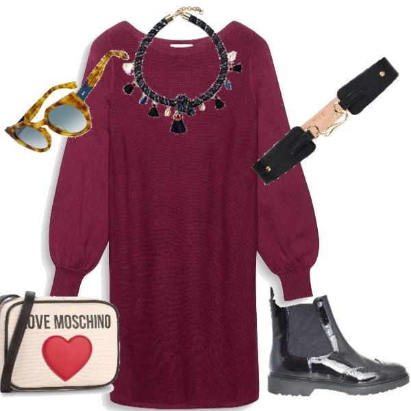 Outfit donna - Day in purple. Abbinamento con cintura tinta unita, vestito rosso, stivaletti effetto vernice, borsa a tracolla con zip interno foderato in ecopelle, collana, occhiali da sole giallo.