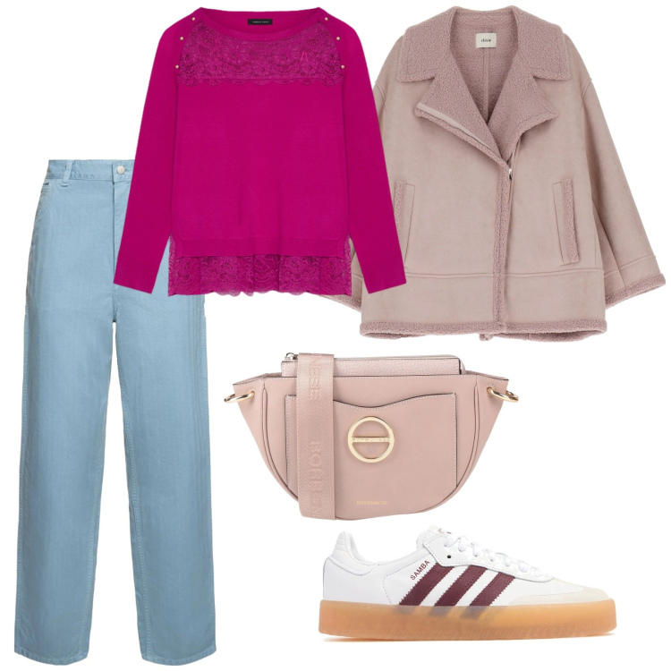 Outfit donna - La maglia con merletto. per Tutti i giorni. Abbinamento con borse a tracolla, blazer, maglieria, pantaloni, sneakers.