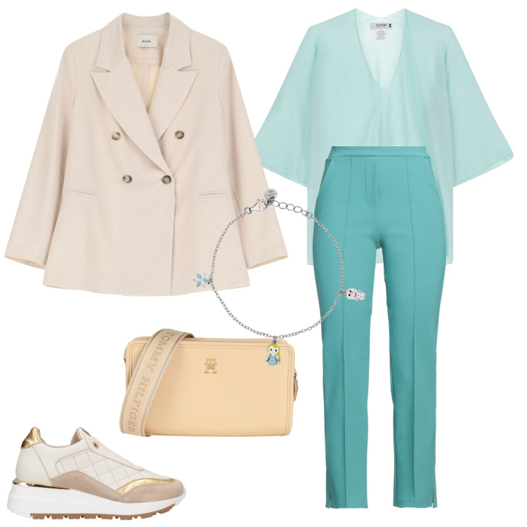 Outfit donna - Verde acqua. Stile Casual per Ufficio. Abbinamento con pantaloni, sneakers, borse a tracolla, maglieria, braccialetti con ciondoli, blazer.