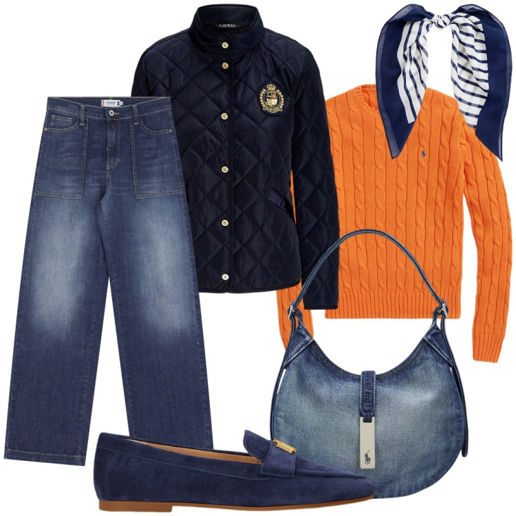 Outfit donna - Tempo libero. Stile Casual chic per Tutti i giorni. Abbinamento con jeans, maglieria, mocassini, borse a spalla, giacche, foulard.