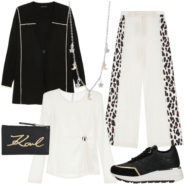 Outfit donna - Sporty chic in ufficio. Stile Sporty chic per Ufficio. Abbinamento con sneakers, portafogli, collane, pantaloni a palazzo, t-shirt, cardigans.