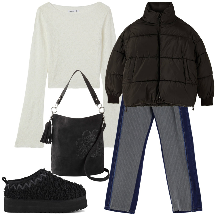 Outfit donna - Total look. Stile Trendy per Tutti i giorni. Abbinamento con borse a mano, piumini, t-shirt, jeans, stivaletti.