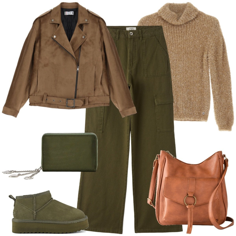 Outfit donna - I colori del bosco. Stile Casual chic per Tutti i giorni. Abbinamento con borse a tracolla, pantaloni cargo, portafogli, blazer, maglieria, stivaletti.