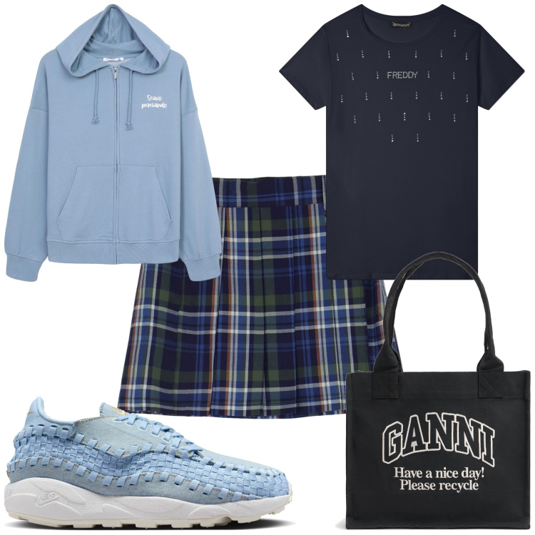 Outfit donna - Like a girl. Stile Preppy per Tutti i giorni. Abbinamento con felpe con cappuccio, t-shirt, minigonne, shopping bag, sneakers.