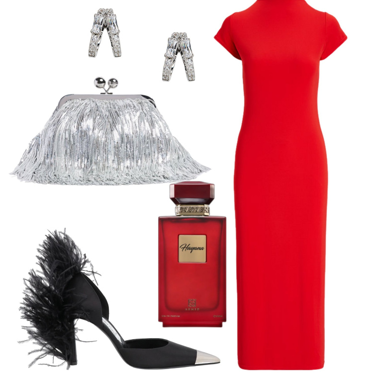 Outfit donna - Serata evento. Stile Glamour per Serata fuori. Abbinamento con décolleté, profumi, orecchini, vestiti, pochette.