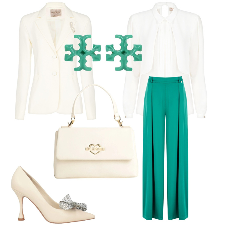 Outfit donna - Eleganza Curvy. Stile Chic per Cerimonia. Abbinamento con décolleté, borse a mano, orecchini, pantaloni a palazzo, bluse, blazer.