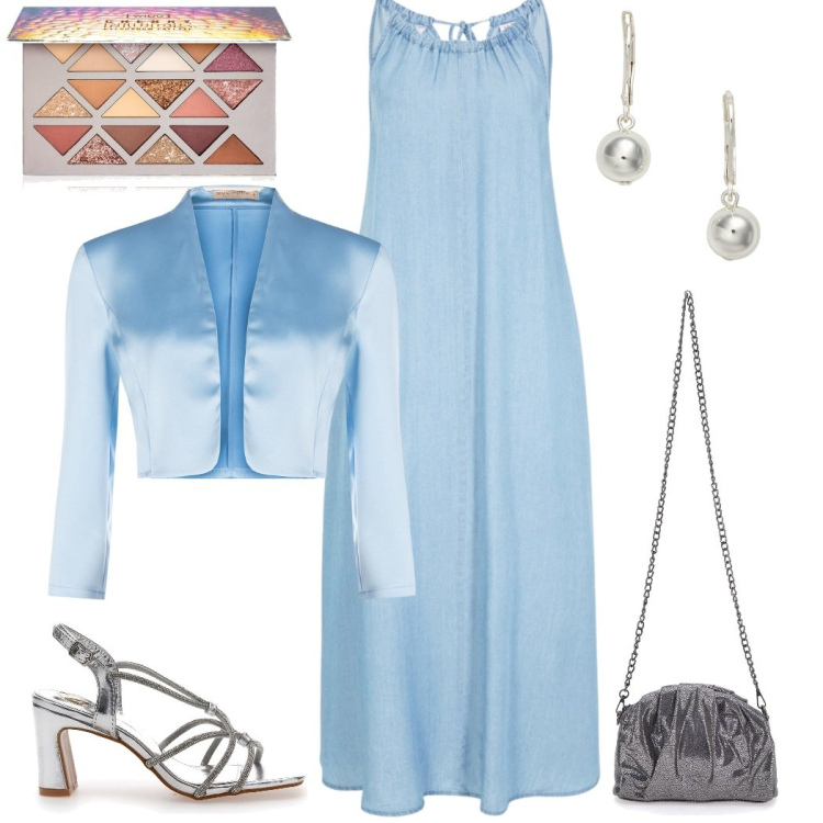 Outfit donna - Celeste pastello. Stile Glamour per Cerimonia. Abbinamento con vestiti, ombretti, bolero, orecchini, sandali col tacco, pochette.