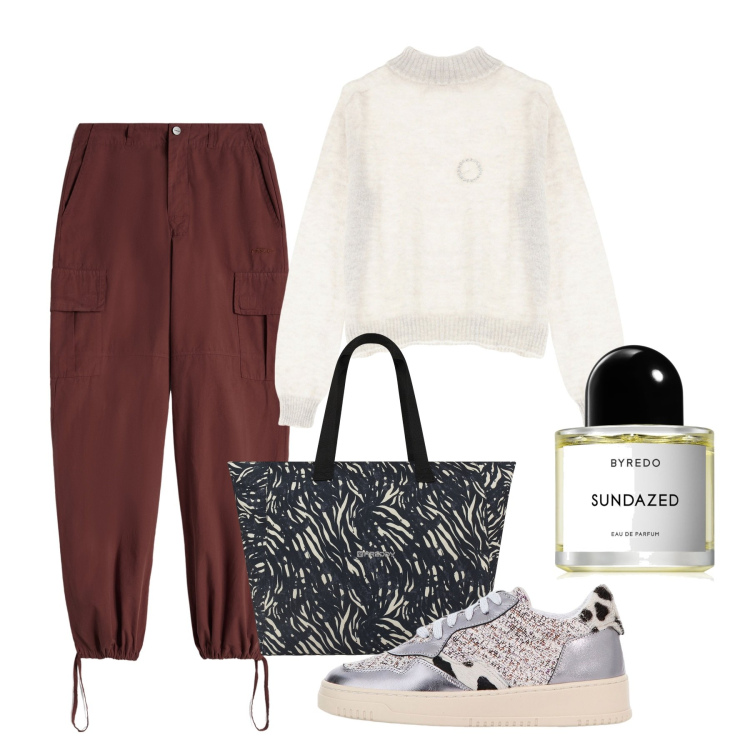 Outfit donna - Febbraio. Stile Bon Ton per Tutti i giorni. Abbinamento con profumi, sneakers, maglieria, pantaloni cargo, shopping bag.
