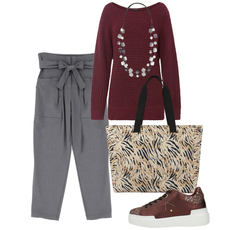 Outfit donna - Febbraio. Stile Bon Ton per Tutti i giorni. Abbinamento con maglieria, sneakers, pantaloni, shopping bag, collane.