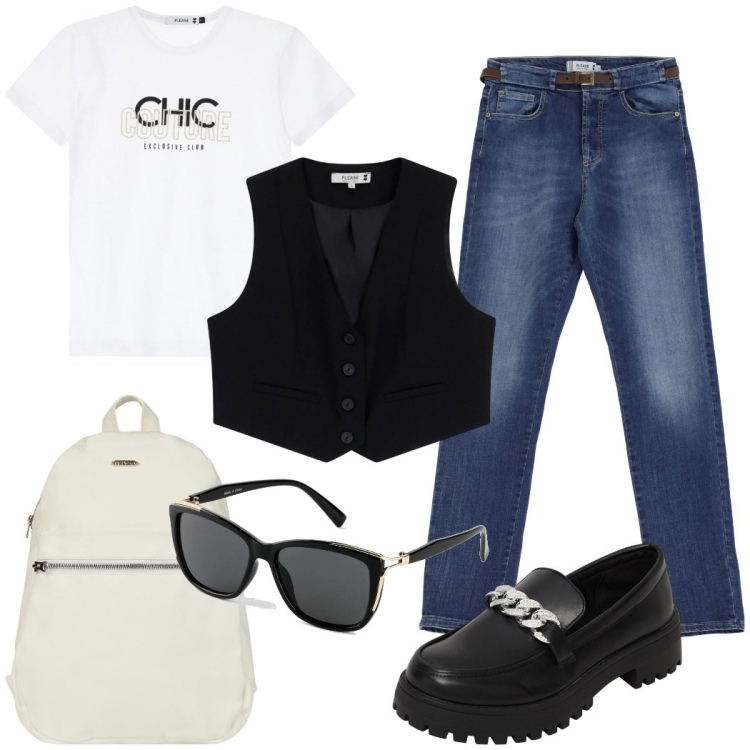 Outfit donna - A lezione. Stile Urban per Scuola/Università. Abbinamento con occhiali da sole, mocassini, jeans slim fit, gilet, t-shirt, zaini.