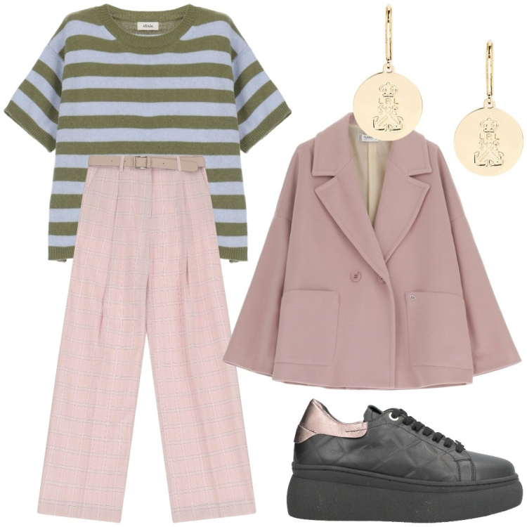 Outfit donna - Rosa polvere e verde per l\'ufficio. Stile Casual chic per Ufficio. Abbinamento con sneakers, blazer, pantaloni a palazzo, maglieria, orecchini.