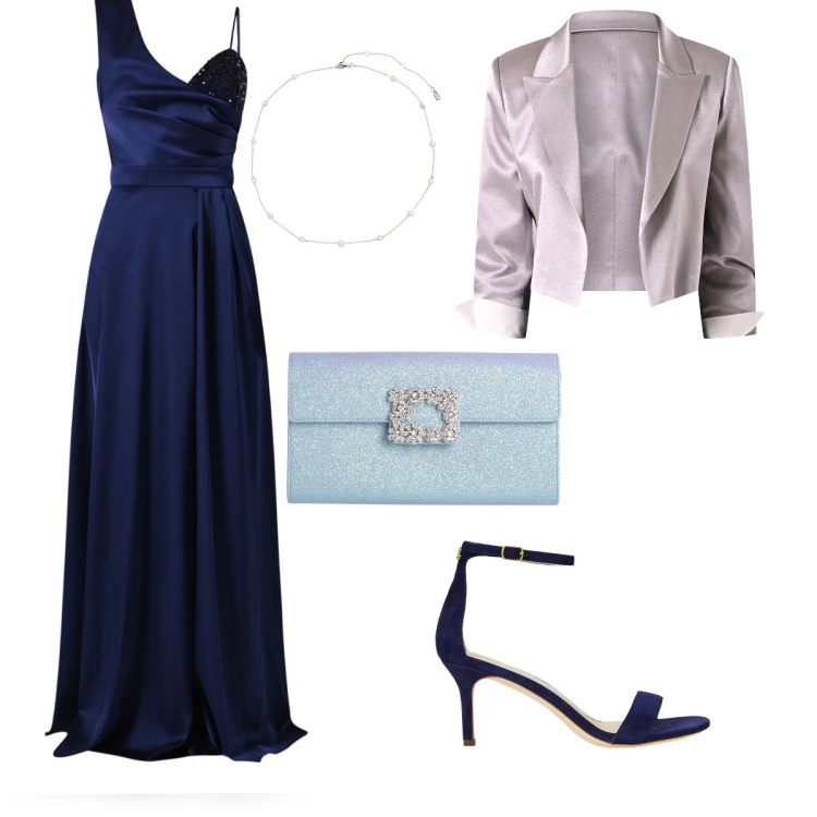 Outfit donna - Cerimonia in blu. Stile Chic per Cerimonia. Abbinamento con borse a mano, blazer, vestiti lunghi, collane, sandali in pelle.