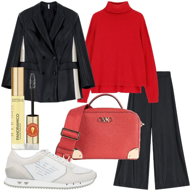 Outfit donna - Serata casual-chic. Stile Casual chic per Serata fuori. Abbinamento con borse a tracolla, sneakers, mascara, blazer, maglieria, pantaloni a palazzo.
