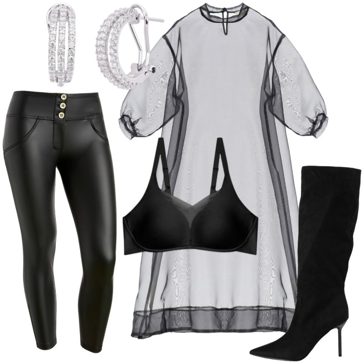 Outfit donna - Giochi di trasparenze. Stile Glamour per Serata fuori. Abbinamento con stivali, orecchini, pantaloni skinny, vestiti lunghi, reggiseni.