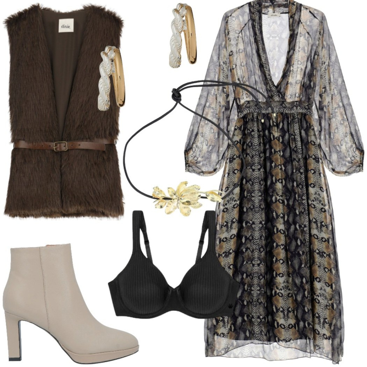 Outfit donna - Sensuali trasparenze. Stile Boho per Serata fuori. Abbinamento con stivaletti, vestiti, gilet, collane, orecchini, reggiseni.