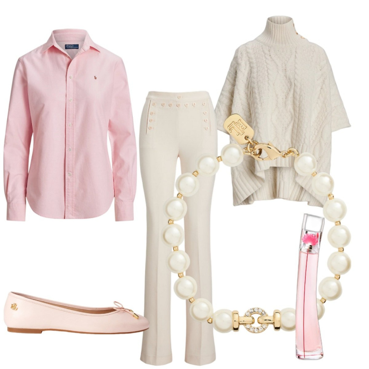 Outfit donna - Rosa pastello. Stile Casual per Tutti i giorni. Abbinamento con profumi, ballerine, camicie, cappotti, pantaloni, braccialetti.