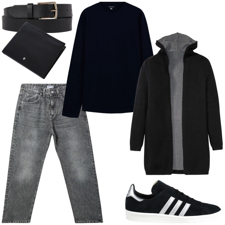 Outfit uomo - Total look #2065556. Stile Casual per Ufficio. Abbinamento con cardigans, sneakers, t-shirt, jeans, portafogli, cinture.