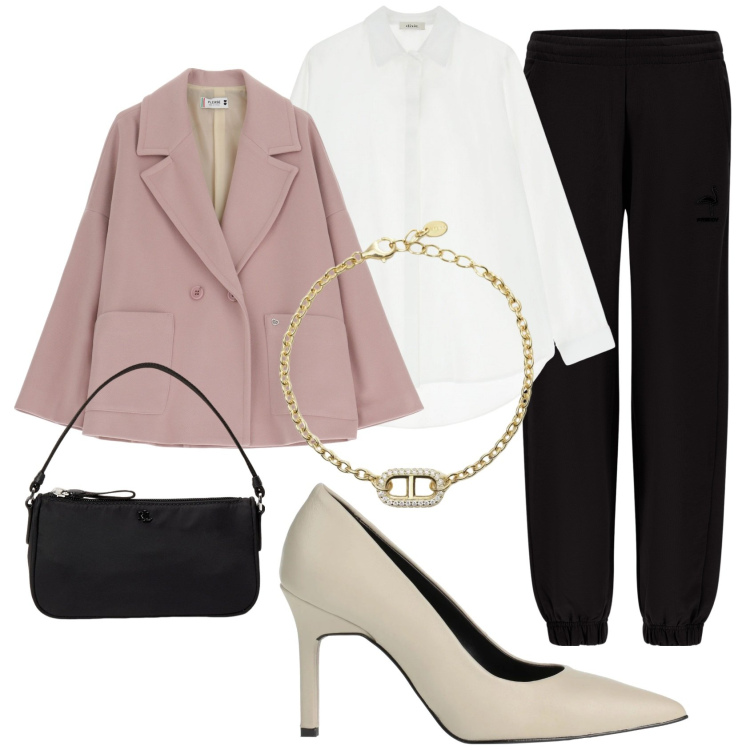 Outfit donna - Sera casual chic. Stile Casual chic per Serata fuori. Abbinamento con décolleté, braccialetti, blazer, pantaloni, camicie, pochette.