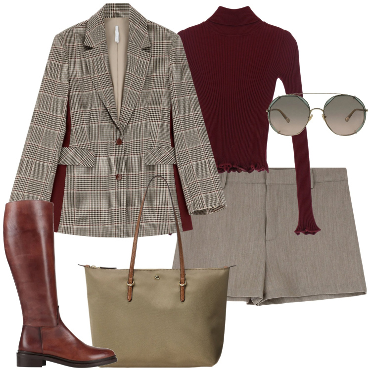 Outfit donna - City. Stile Glamour per Tutti i giorni. Abbinamento con stivali, occhiali da sole, blazer, maglieria, shorts, borse tote.