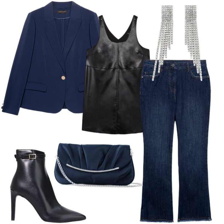 Outfit donna - Blu e nero. Stile Sexy per Serata fuori. Abbinamento con pochette, stivaletti, orecchini, vestiti corti, jeans a zampa, blazer.