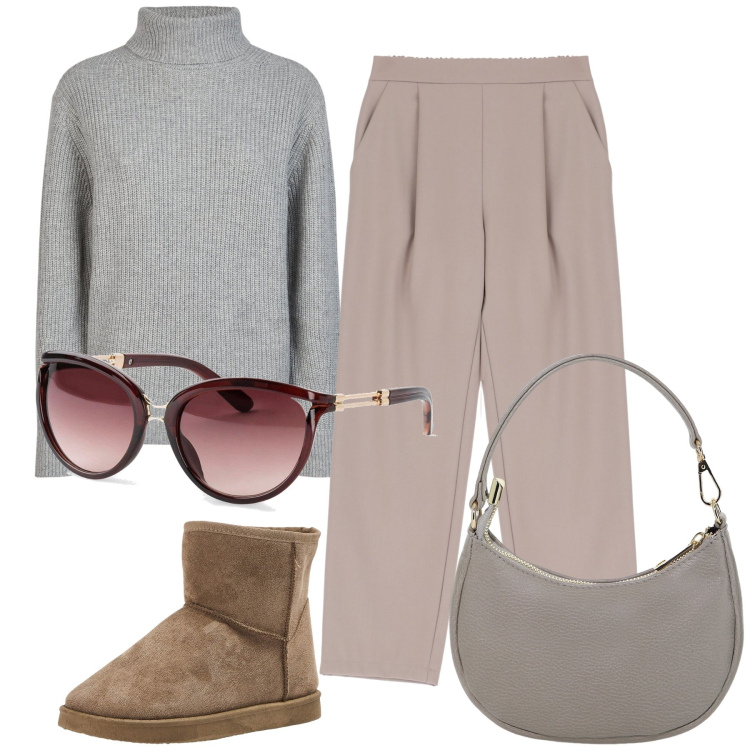 Outfit donna - Piedi al caldo. Stile Urban per Tutti i giorni. Abbinamento con occhiali da sole, stivaletti, pantaloni, borse a spalla, maglieria.