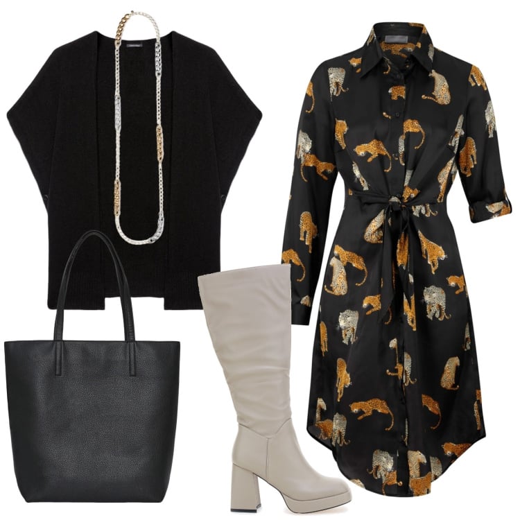 Outfit donna - Abito Chemisier. Stile Trendy per Ufficio. Abbinamento con vestiti chemisier, borse tote, cappe, collane, stivali.