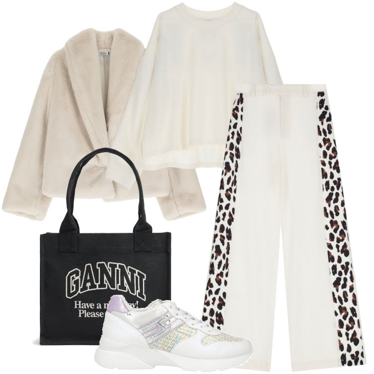 Outfit donna - Un paio di sneakers e via. Stile Trendy per Tutti i giorni. Abbinamento con sneakers, ecopellicce, pantaloni a palazzo, felpe, shopping bag.