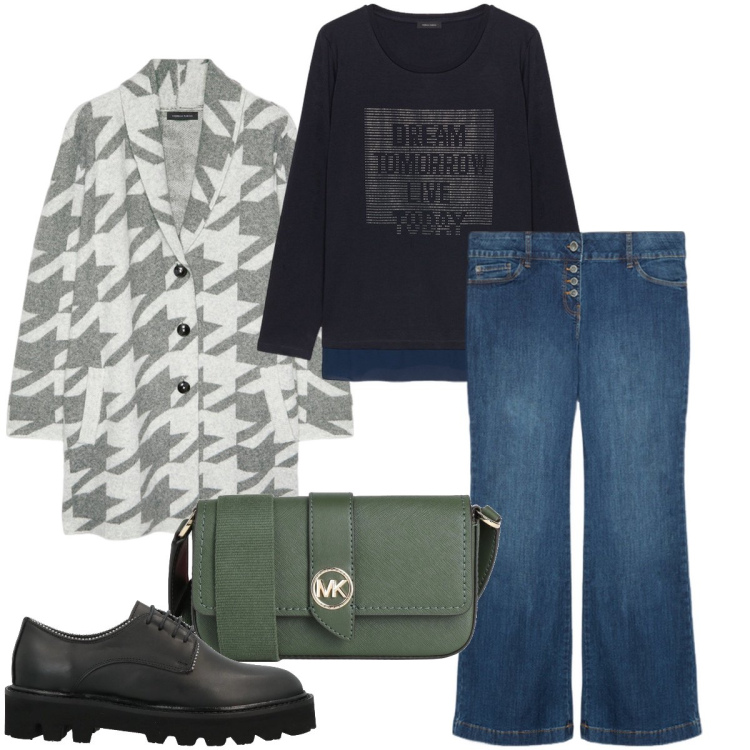 Outfit donna - Fiorella Rubino style. Stile Casual chic per Tutti i giorni. Abbinamento con borse a tracolla, scarpe stringate, jeans, t-shirt, cardigans.