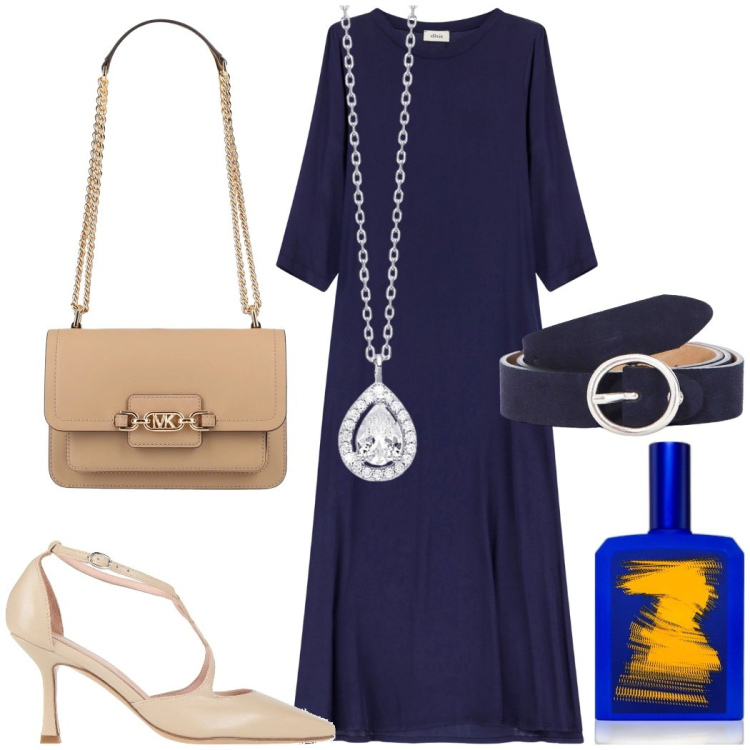 Outfit donna - L\'abito elegante. Stile Glamour per Cerimonia. Abbinamento con décolleté, borse a spalla, profumi, collane, vestiti, cinture.