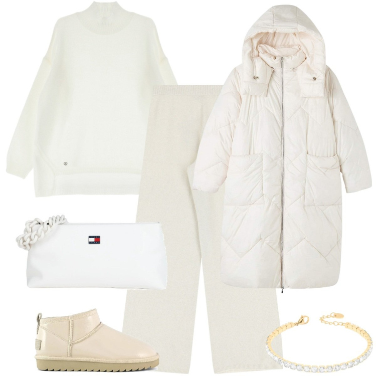 Outfit donna - Total white. Stile Basic per Tutti i giorni. Abbinamento con borse a mano, maglieria, blazer, braccialetti, pantaloni a palazzo, stivali.