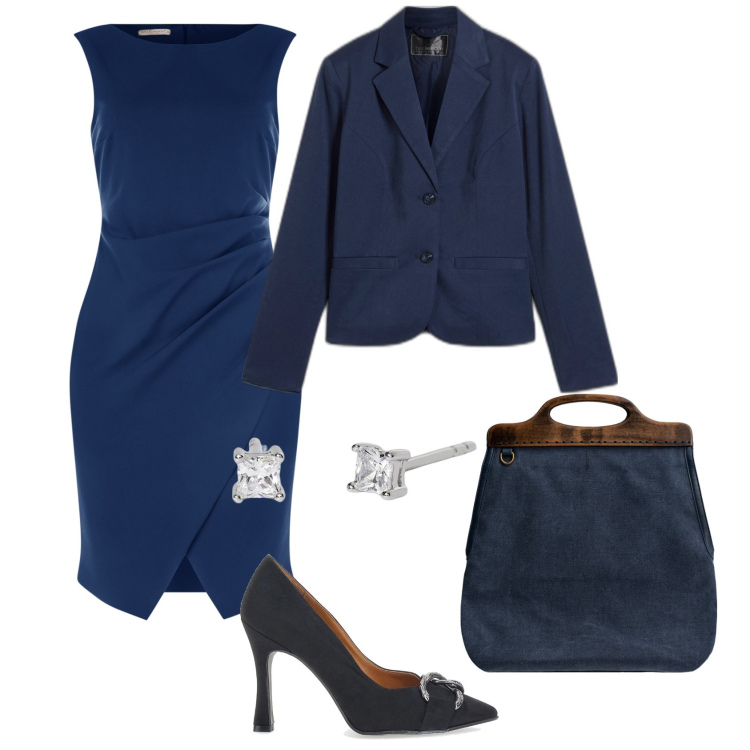 Outfit donna - Eleganza in blu. Stile Chic per Cerimonia. Abbinamento con blazer, orecchini, vestiti a tubino, borse a tracolla, décolleté.