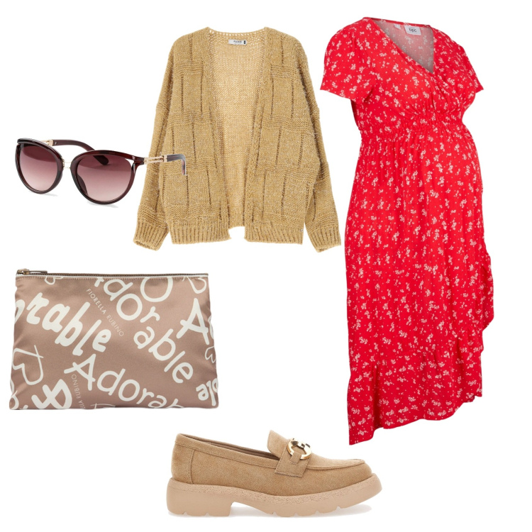 Outfit donna - Vestito asimmetrico per due. Stile Casual per Tutti i giorni. look ideale per Premaman. Abbinamento con vestiti asimmetrici, occhiali da sole, cardigans, mocassini, pochette.