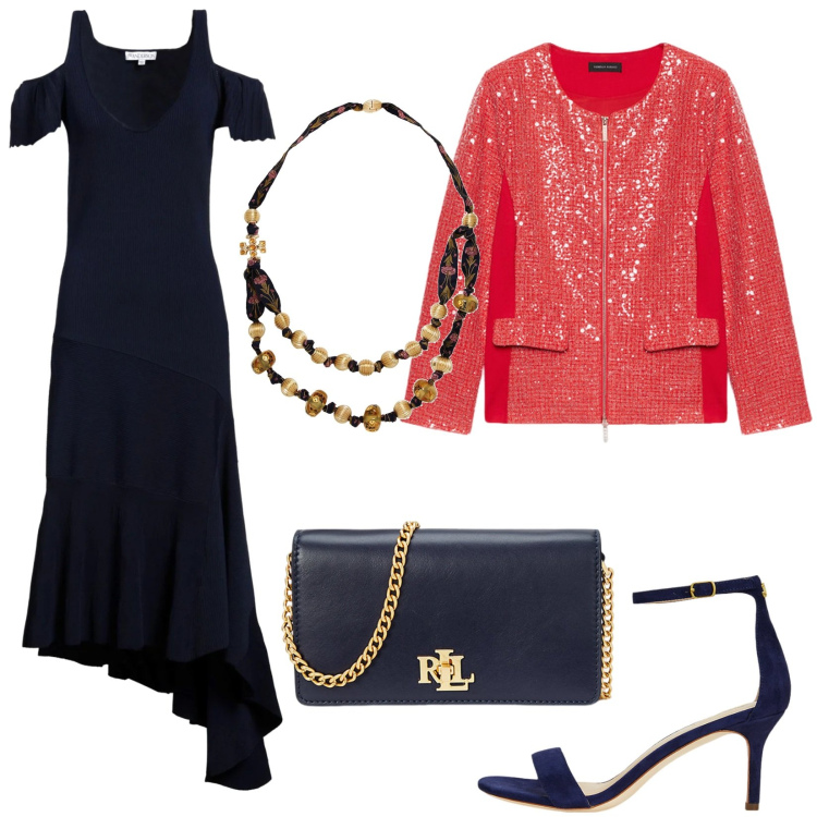 Outfit donna - Abito asimmetrico. Stile Chic per Cerimonia. Abbinamento con vestiti asimmetrici, collane, borse a mano, sandali in pelle, blazer.