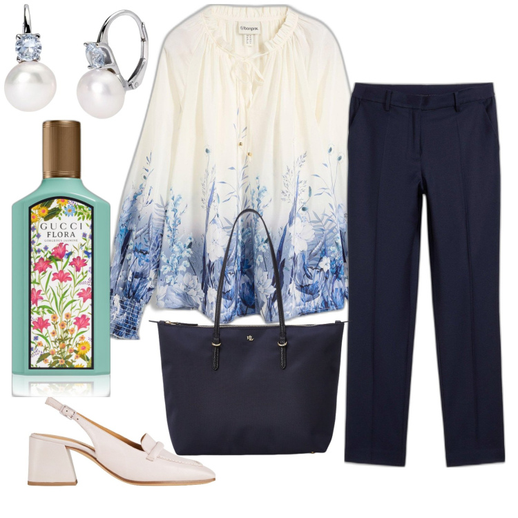 Outfit donna - In ufficio con stile. per Ufficio. Abbinamento con bluse, pantaloni, décolleté, profumi, orecchini, borse tote.