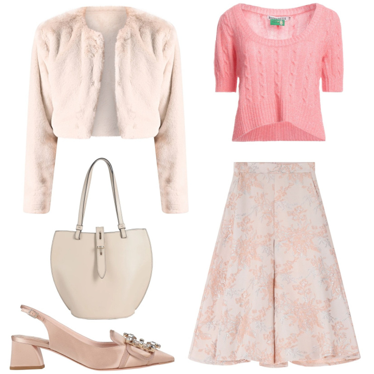 Outfit donna - Tonalità pastello. Stile Romantica per Serata fuori. Abbinamento con décolleté, pullovers, borse a secchiello, bolero, gonne.
