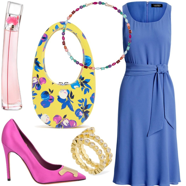 Outfit donna - Fiori protagonisti. Stile Glamour per Cerimonia. Abbinamento con décolleté, profumi, collane, vestiti senza maniche, anelli, borse a mano.