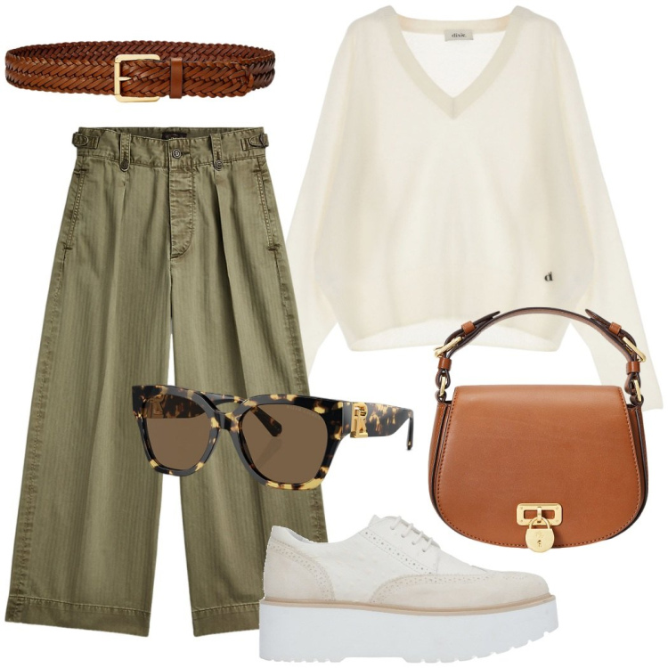 Outfit donna - Giornata libera. Stile Casual chic per Tutti i giorni. Abbinamento con scarpe stringate, pullovers, pantaloni, cinture, borse a tracolla, occhiali da sole.