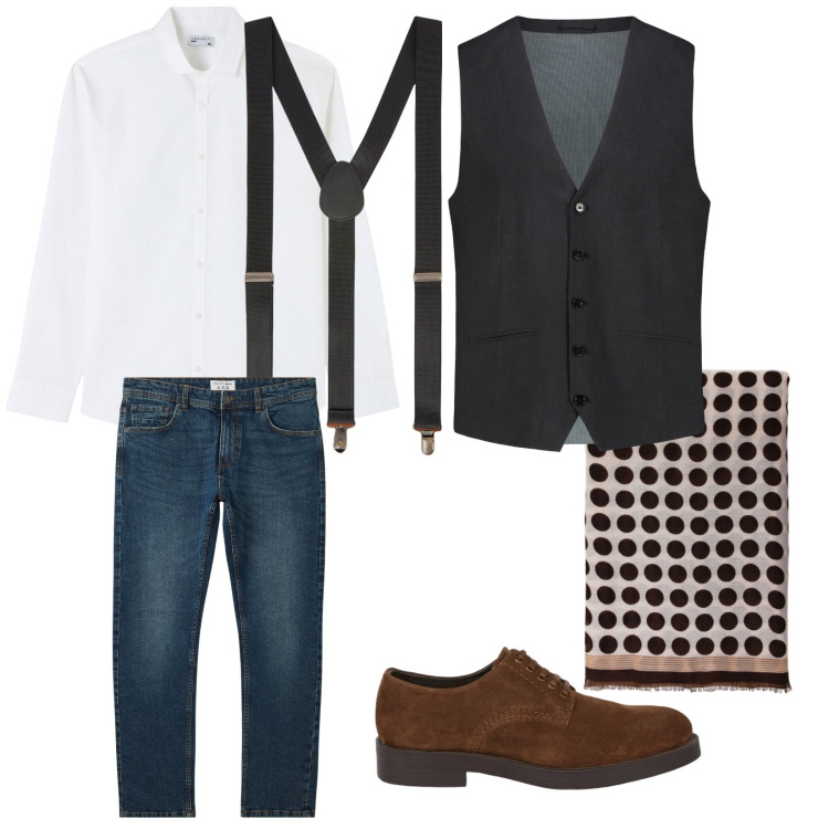Outfit uomo - Così semplice. per Tutti i giorni. Abbinamento con jeans, camicie, sciarpe e foulard, bretelle, scarpe stringate, gilet.
