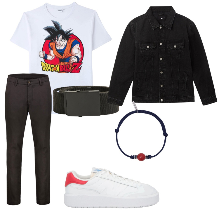 Outfit uomo - Dragonball. per Ufficio. Abbinamento con sneakers, giacche, t-shirt, cinture, braccialetti, pantaloni chino.
