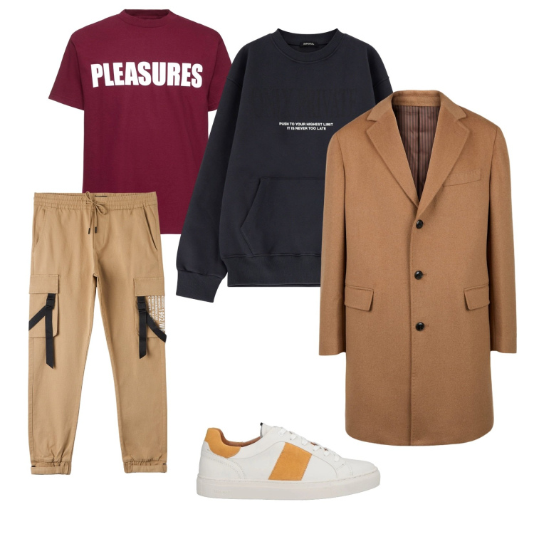 Outfit uomo - Sportivo con il cappotto. per Tutti i giorni. Abbinamento con sneakers, pantaloni cargo, felpe, cappotti, t-shirt.