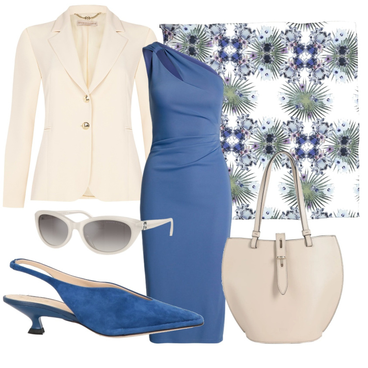 Outfit donna - Battesimo assolato. Stile Bon Ton per Cerimonia. Abbinamento con décolleté, borse a secchiello, sciarpe, blazer, occhiali da sole, vestiti asimmetrici.