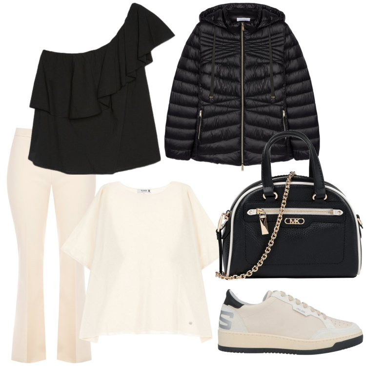 Outfit donna - Apericena improvvisata. Stile Casual chic per Serata fuori. Abbinamento con sneakers, borse a mano, pantaloni a palazzo, maglieria, piumini, top.