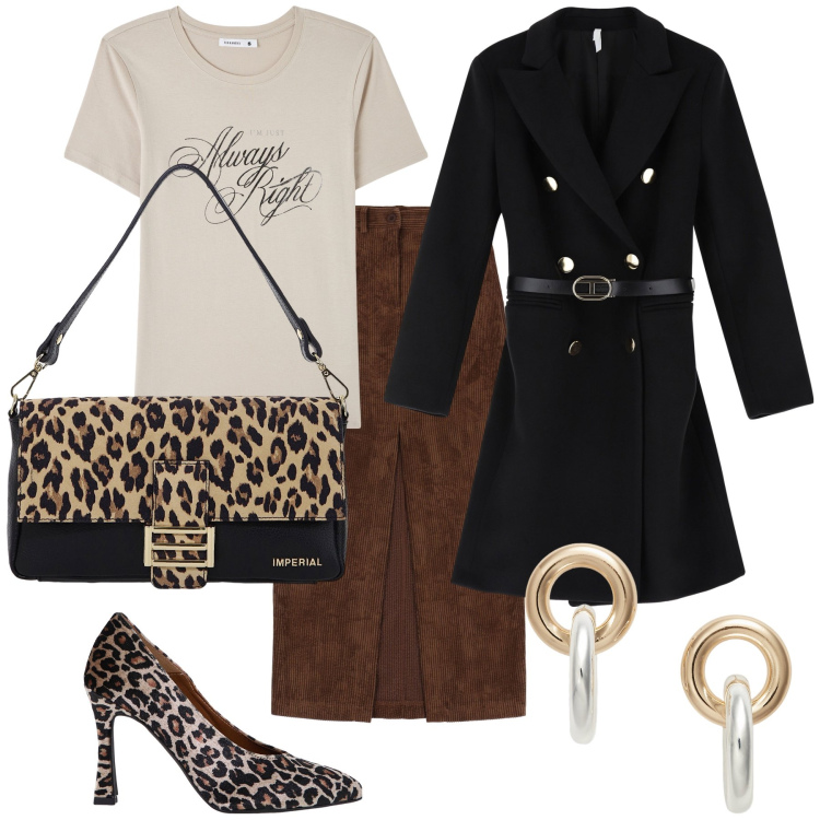 Outfit donna - Look always right. Stile Trendy per Ufficio. Abbinamento con t-shirt, borse a spalla, décolleté, cappotti, gonne lunghe, orecchini.