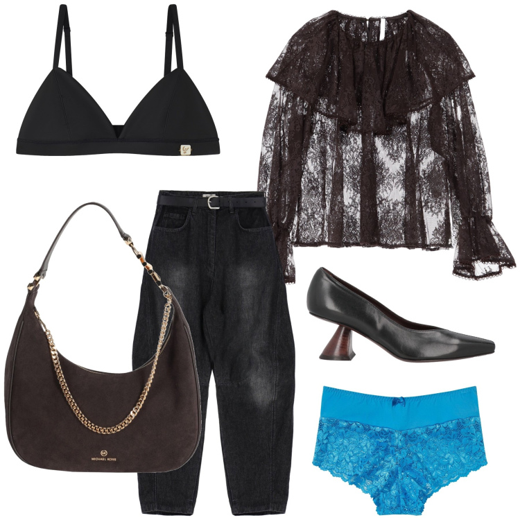 Outfit donna - L azzurro nascosto. Stile Glamour per Serata fuori. Abbinamento con culotte, décolleté, borse a spalla, camicie, reggiseni, jeans.