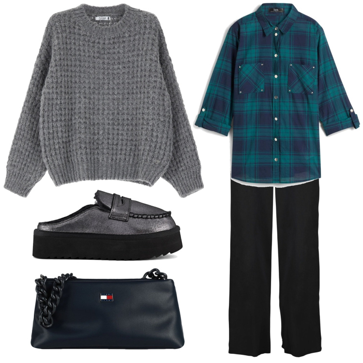 Outfit donna - Hipster chic 2.0. Stile Casual chic per Scuola/Università. Abbinamento con camicie, pantaloni a palazzo, borse a mano, pullovers, mocassini.