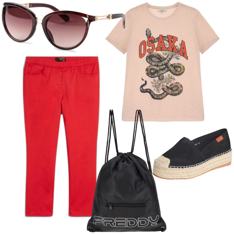 Outfit donna - Free time. Stile Casual per Tutti i giorni. Abbinamento con pantaloni, occhiali da sole, espadrillas, zaini, t-shirt.