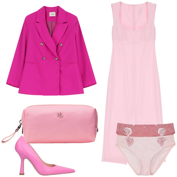 Outfit donna - Il rosa e le sue sfumature. Stile Trendy per Serata fuori. Abbinamento con culotte, décolleté, vestiti midi/longuette, pochette, blazer.