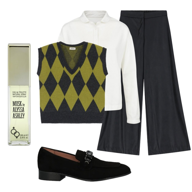 Outfit donna - Gilet sulla camicia. Stile Bon Ton per Ufficio. Abbinamento con mocassini, profumi, pantaloni a palazzo, gilet, camicie.