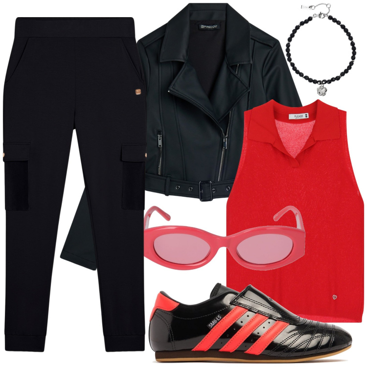 Outfit donna - Rosso e nero. per Tutti i giorni. Abbinamento con braccialetti, top, pantaloni cargo, giacche, sneakers, occhiali da sole.