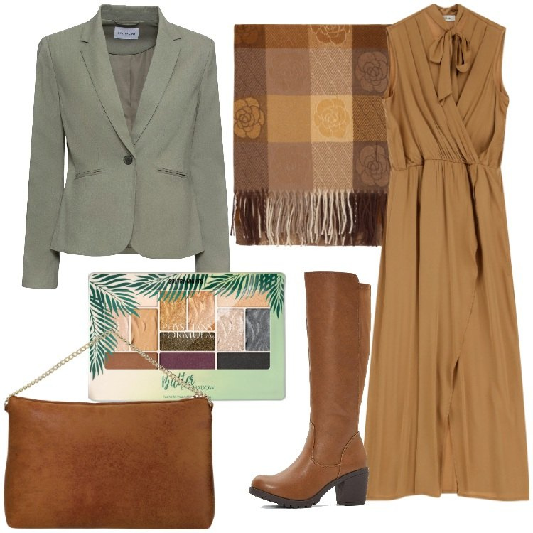 Outfit donna - I colori della terra - @laurafo. Stile Casual chic per Tutti i giorni. Abbinamento con stivali, blazer, ombretti, foulard, vestiti senza maniche, pochette.